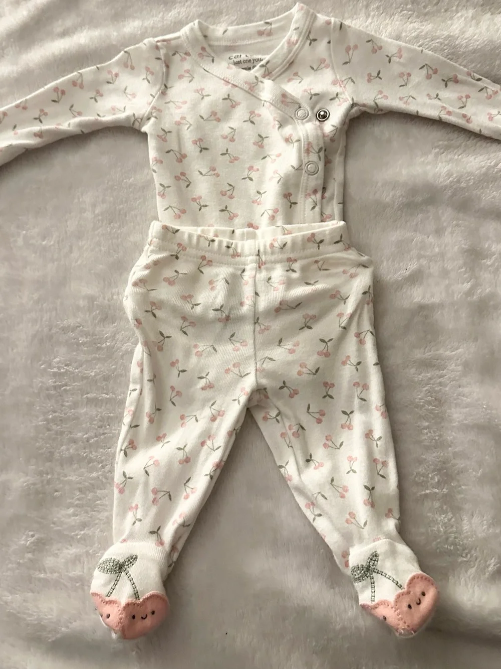 Carter's White Two-Piece Footie Set with Pink Cherry Motif